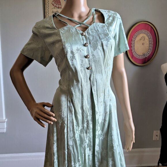 Vintage 90s Sarah Richards Maxi Dress Sage Green Floral Embossed Cottagecore 11 - Picture 5 of 14